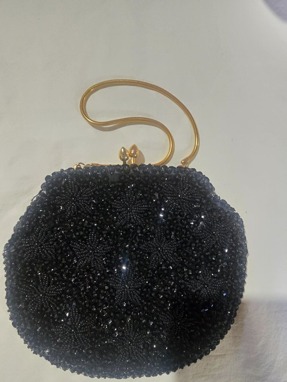 Vintage Hand Made for Broadway Black Beaded Sequin Evening Bag Clutch Gold Chain
